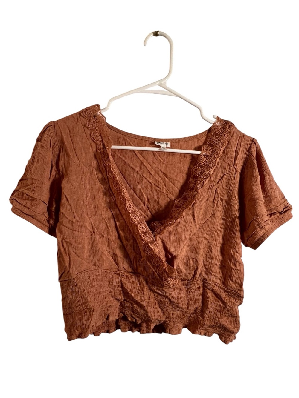 Self Love Women’s Size XL Cropped Faux Wrap Top Rust Brown‎ Orange Lace Smocked